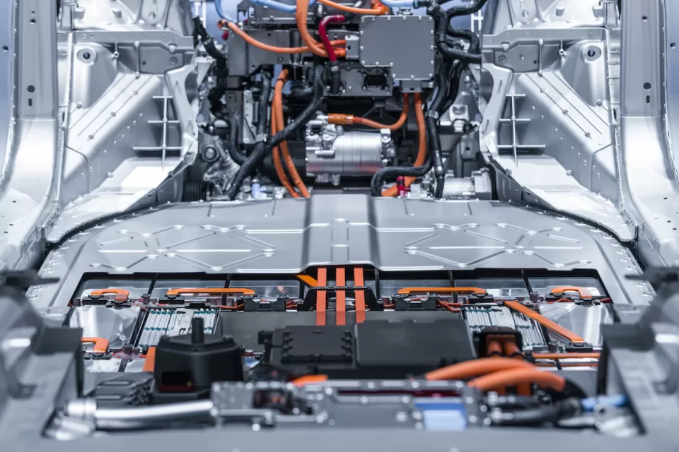 Close-up of electric car battery.